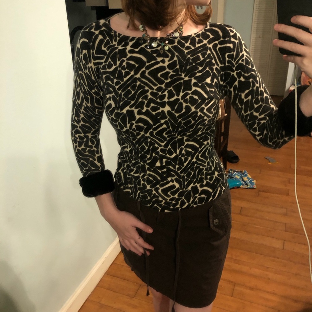 Finity vintage wool blend brown and black animal print top with fur cuffs